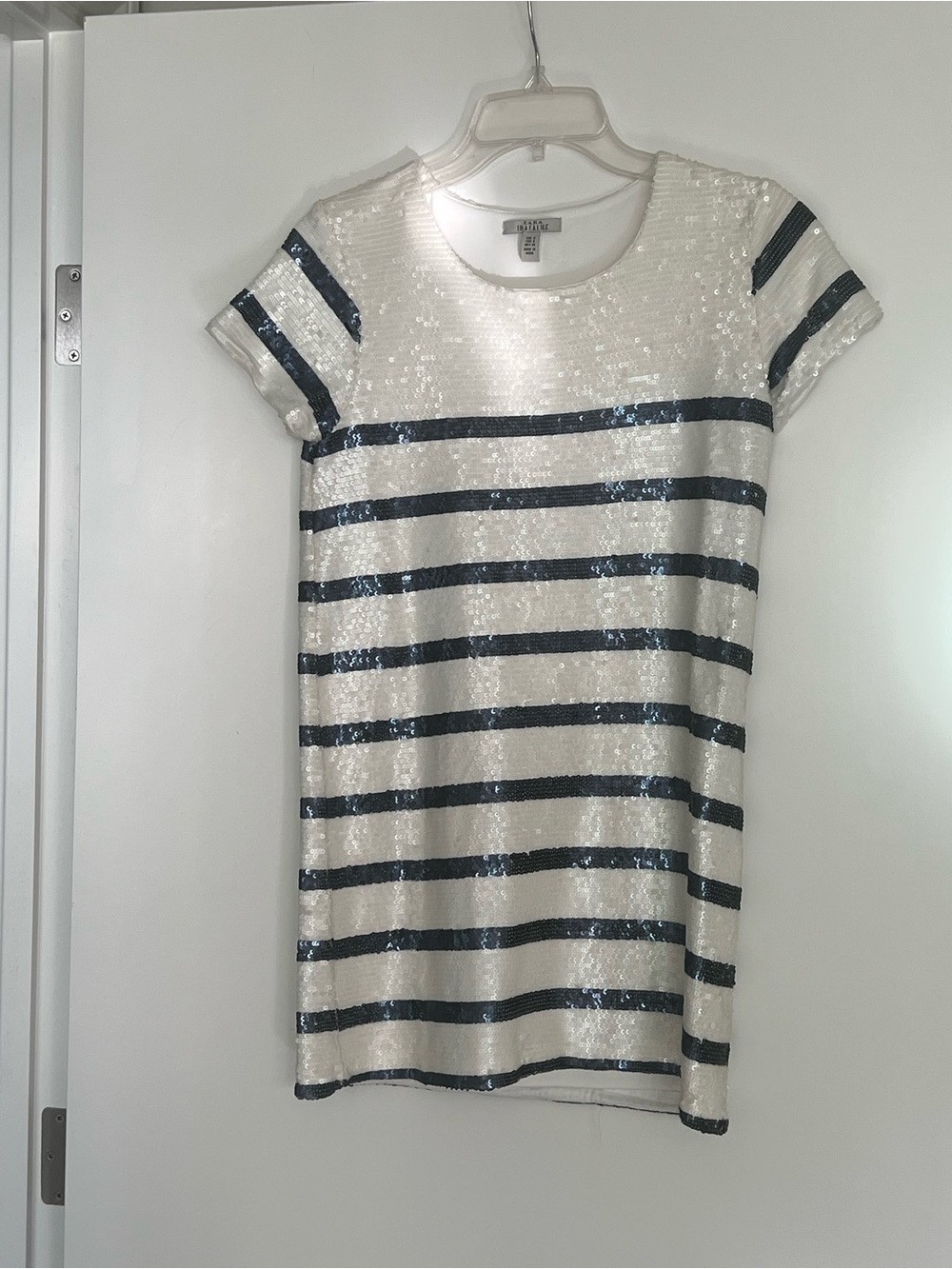 Zara White and Navy Sequin Stripe Short Sleeve Dress - worn once